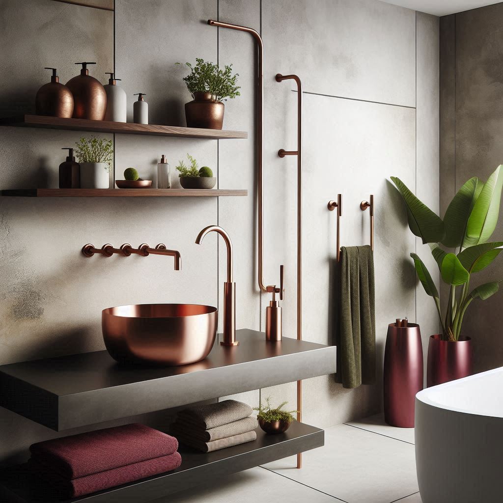 Render bagno finiture rame e rosso (1)